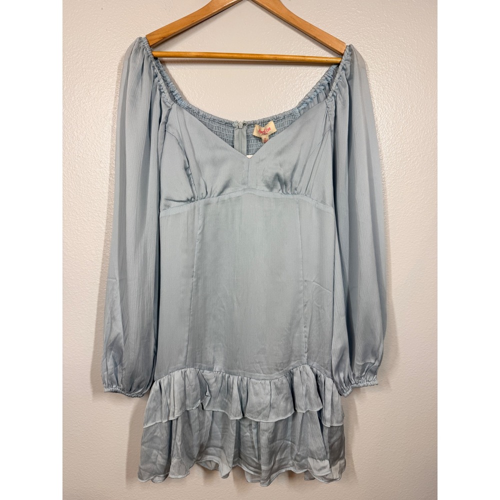Peach Love California‎ Sweetheart Mini Dress Women L Blue Ruffle Long Slv Party